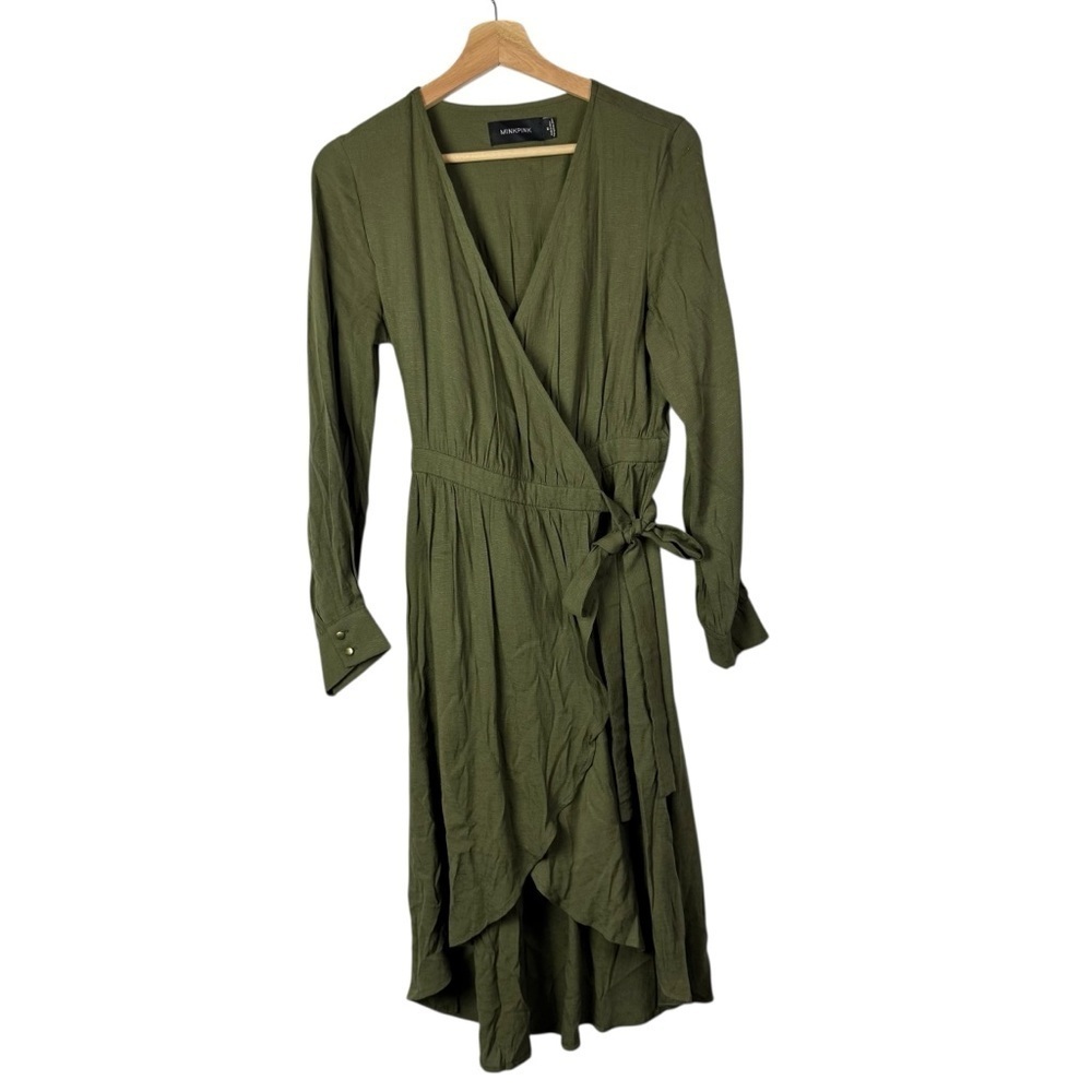 MinkPink Olive Green Wrap Front High Low Long Sleeve Dress M
